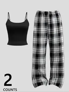 Women's Casual Fitted Sleepwear Set, Sleeveless Top & Plaid Pants, Christmas Style Pajamas, Fall Winter Loungewear