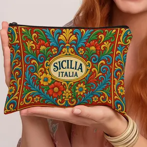 1pc Sicilia Ornamental  Print Cosmetic Bag -  Italian Vintage Pattern  Lightweight Travel Makeup Organizer, Portable Toiletry Pouch with Zipper Closure, Stylish and Functional Storage Solution, Perfect Gift for Women and Girls
