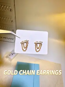 FRANKLYNX Titanium Long Sugar Cube Chain Dangle Stud – 16G ASTM F136 Implant-Grade, 24K PVD Gold Plated Zircon Charm Top with Interchangeable Labret Base, Multi-Use Ear & Lip Piercing Jewelry