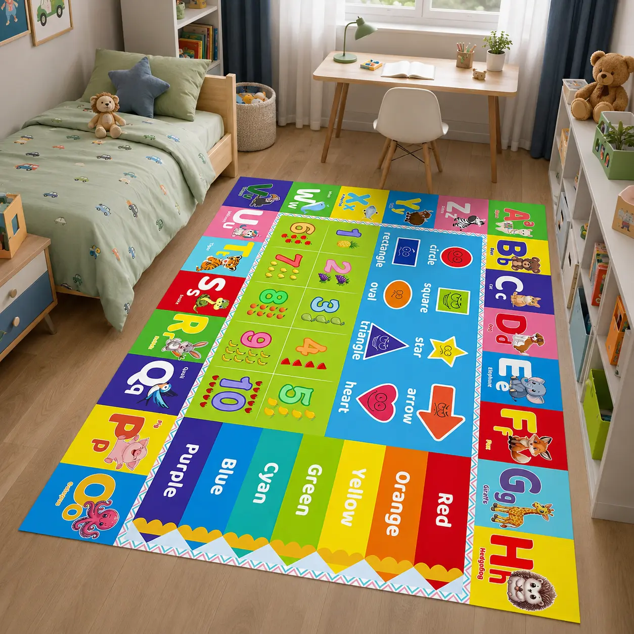 Kids Educational Learning Rug, Colorful Alphabet Numbers Shapes and Colors Play Mat with Animal Designs for Playroom, Bedroom, Nursery and Classroom