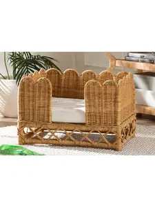 212 MAIN Bohemian Rattan Pet Bed with Bedding - Light Honey, Natural Rattan, Scalloped Edges, Bohemian Design