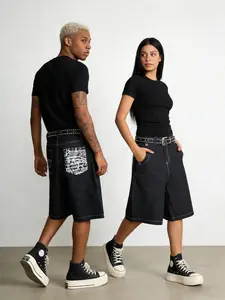 Men's Loose-Fit Hip-Hop Casual Jeans Shorts, Knee-Length Embroidered Pockets, Y2K Streetwear Aesthetic Vibe Fashion, Ideal for Outdoor Activities, Perfect Gift, Embroidery