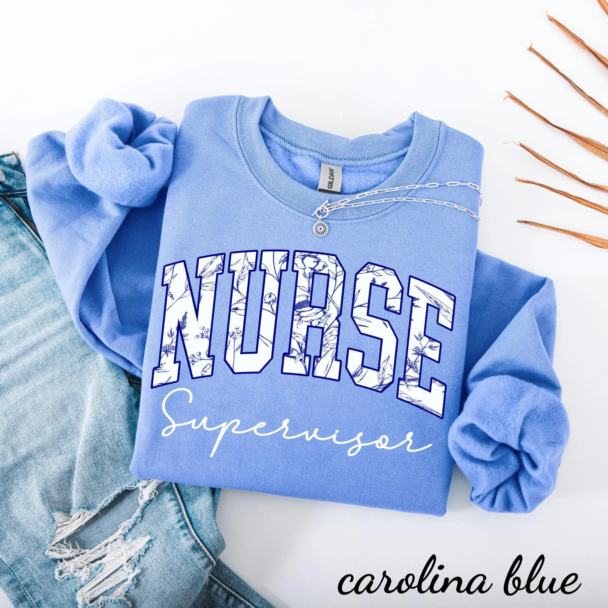 Floral Blue Toile Nurse Supervisor  T-Shirt OR Sweatshirt Blue Chinoiserie Toile Nurse Supervisor Shirt RN Nurse Supervisor Gift Floral Chinoiserie Cotton Crewneck Fabric Unisex