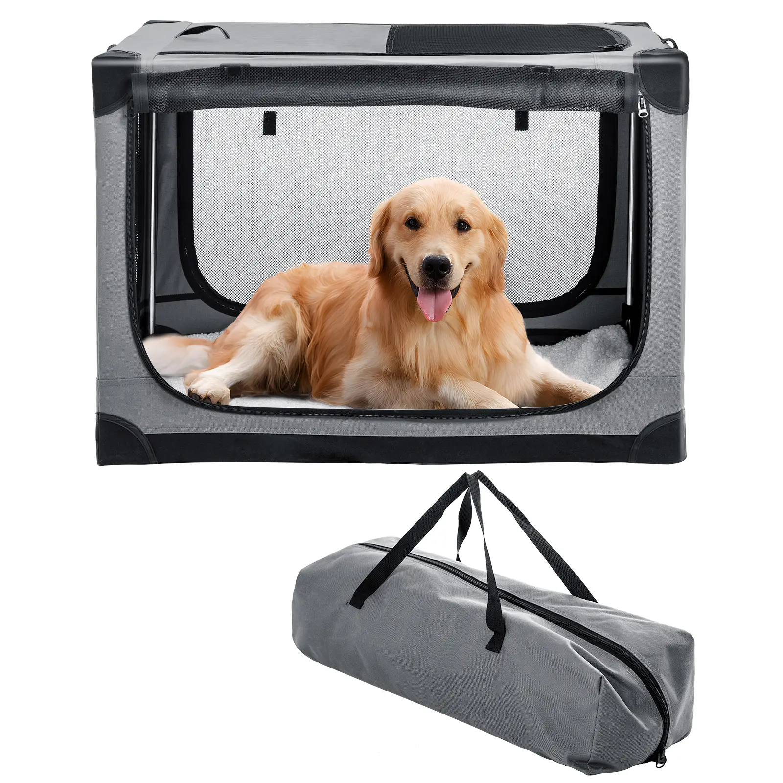 Collapsible Travel Dog Crate, Portable Soft Dog Kennel for Small Medium Pets up to 30 lbs, 4-Door Foldable Travel Crate with Durable Mesh & Storage Bag, Green/grey/blackge Bag,Grey