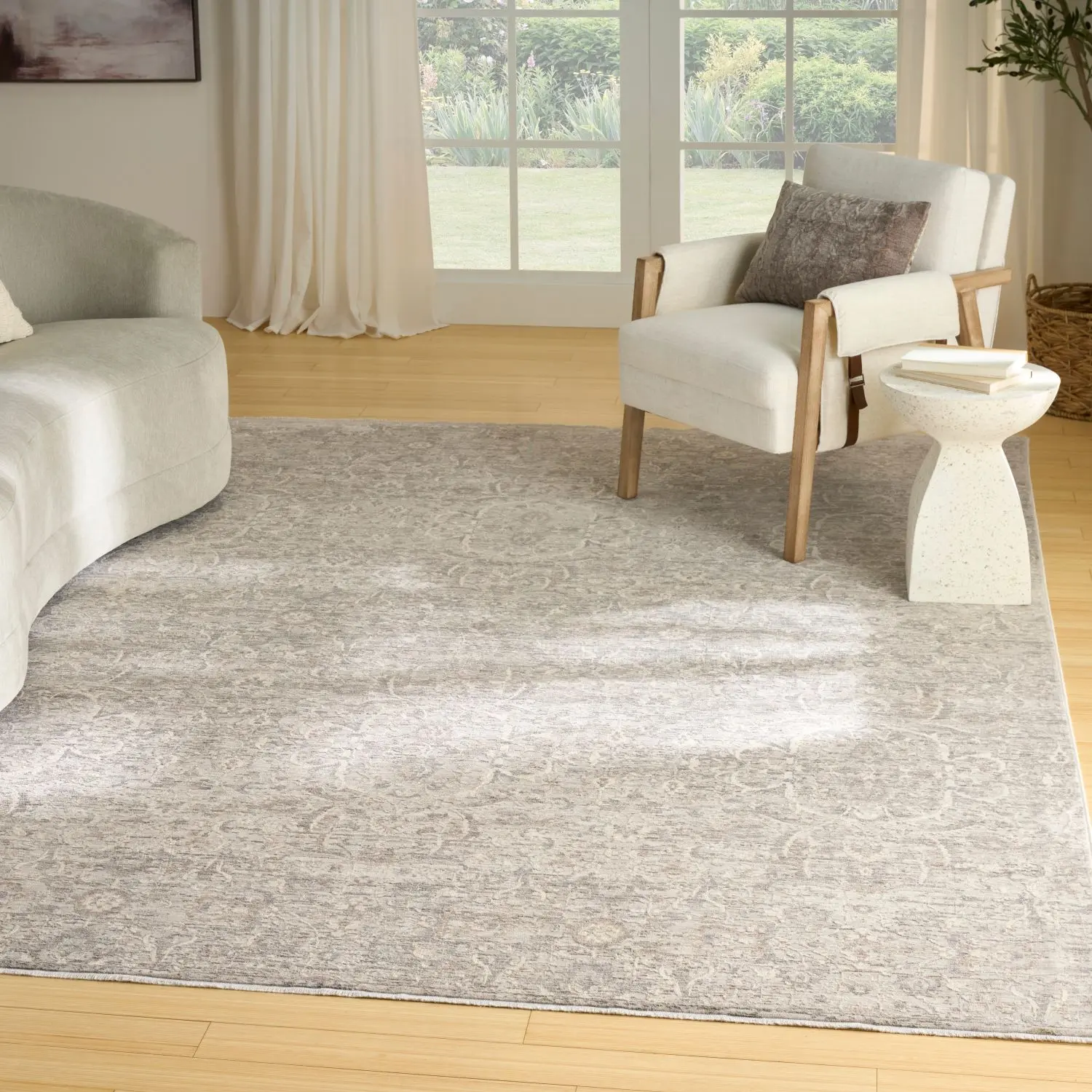 Nourison Outlines Vintage Persian Living Room Mat - Casual Pattern, Neutral Tone, Fringe Detail Traditional Indoor Rug for Home Decor