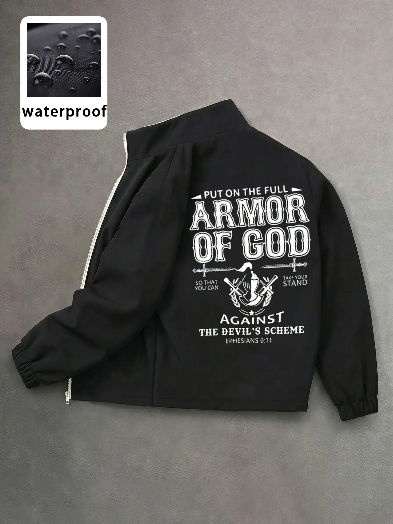 Unisex Waterproof Stand Collar Jacket, Streetwear Religion Slogan Print, Urban Functional Style, Comfortable Versatile Outerwear