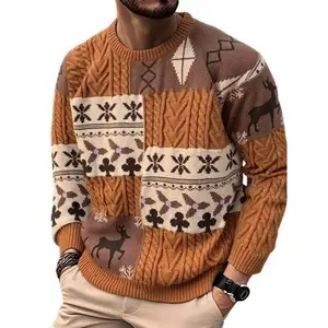 Men’s Winter New Colorblock Deer Sweater, Trendy Casual Crewneck Knitwear, Fashionable Patchwork Pullover for Men