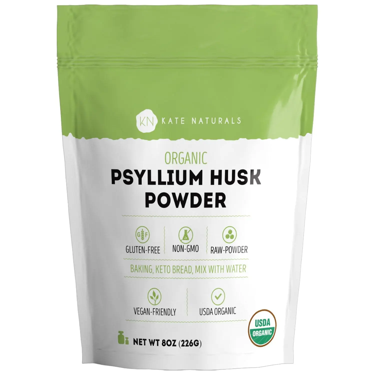 Kate Naturals Organic Psyllium Husk Powder — Fine Ground Fiber for Baking, Smoothies & Juice | Gluten Free, Non-GMO, Keto & Vegan Friendly (12oz, Resealable Bag)