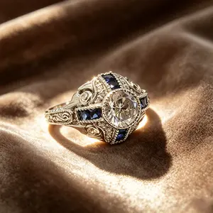 Vintage Art Deco-style ring, exquisitely set with sparkling synthetic sapphires, Edwardian-style engagement ring, vintage-style jewelry