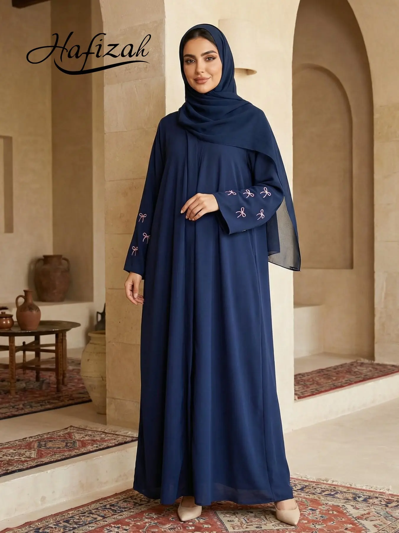 Hafizah Embroidered Butterfly Kaftan, Loose-Fitting Maxi Long Dress with Headscarf, Modesty Muslim Clothing, Modest Islamic Clothing, Muslim Women's Fashion, All Seasons Wear
