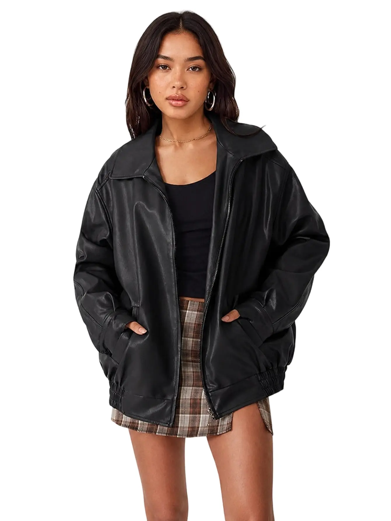 Women Oversized Lapel Zip Up Faux Leather Bomber Jacket, Baggy Long Sleeve PU Moto Coat With Pockets, Y2K Streetwear Fall Outerwear