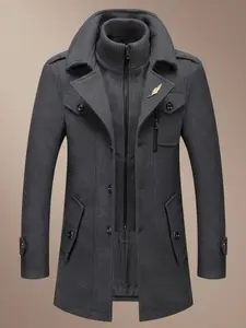 Men's Fashion Double Collar Mixed Fiber Long Coat, Zipper and Pocket Design, Warm and Durable, Suitable for Business or Casual Autumn/Winter, Casual Fashionable Jacket