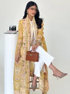 Miyake Arabic Style Women's Abaya, Islamic Abaya, Ethnic Pattern Baroque Open Front Coat, Long Sleeved Fashion for All Seasons, Perfect for Ramadan and Parties