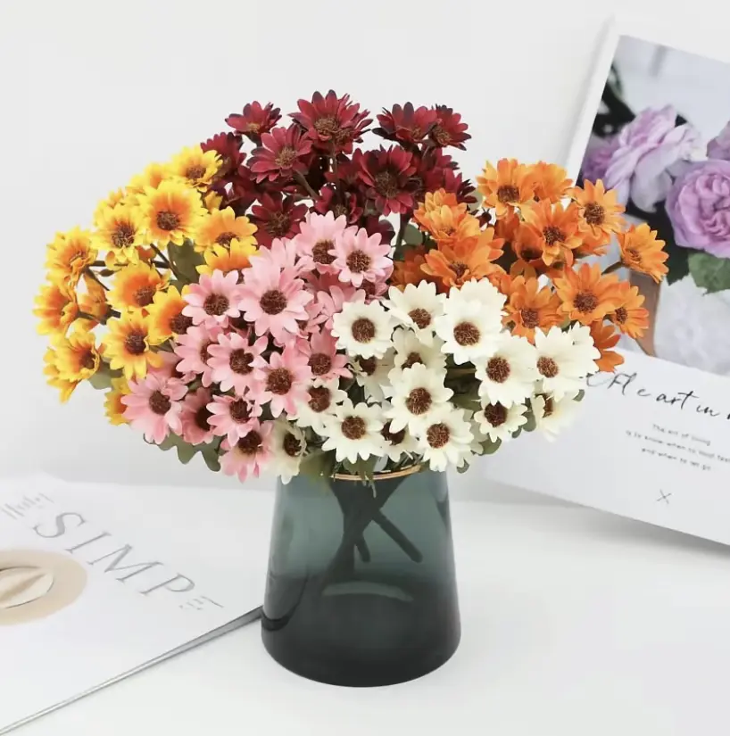 Miuco Decorative Lightweight Artificial Flower & Plant Sets - 5 Pcs Orange Daisies or 10 Pcs Yellow Daisies with Photorealism Eucalyptus Leaves, UV-Resistant Durable Plastic Faux Mums for Garden, Patio