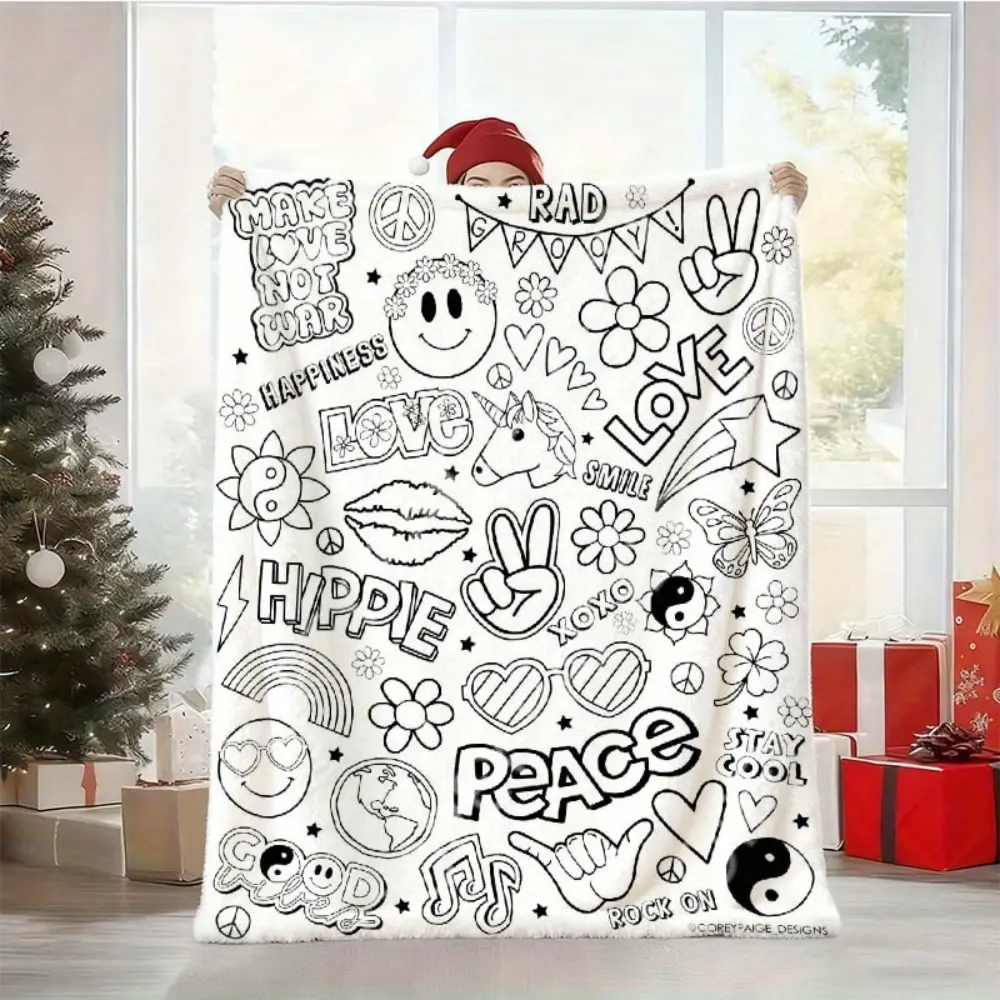 Hippie Peace Coloring Book Style Blanket, Soft Flannel Throw Blanket with Black White Groovy Love Smile Flower Print, Cozy Gift for Teens Girls Women and Hippie Lovers, Fun Retro Room Decor for Bed Couch Sofa Dorm, Lightweight Warm Blanket for Movie Night