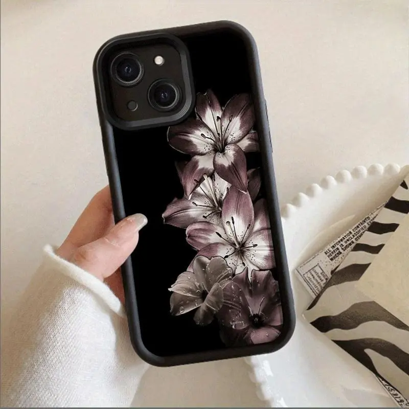 Dark Lily Pattern TPU Cellphone Case - Shockproof Full-Body Protector for iPhone 17,16 Pro Max,16,15,14,13,12,11,Pro,Promax,Plus,Air - Durable Stylish Mobile Phone Accessory