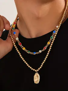 Men's Adjustable Exquisite Trendy Pendant Necklace Set, Multi-Color Crystal Beads, Party Style Jewelry Gift, All Season Wear