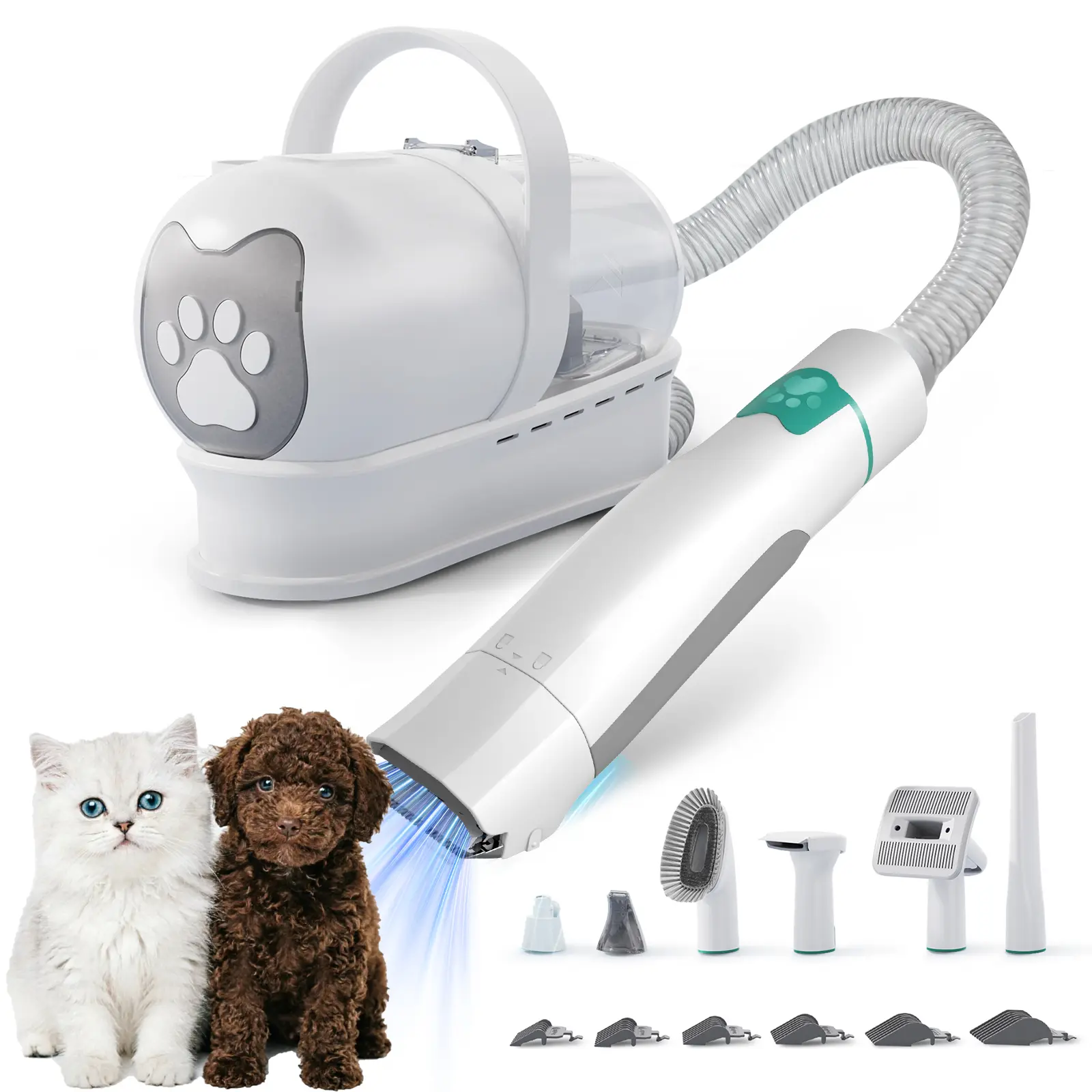 Pet Grooming Kit with Hair Vacuum Function, 7-in-1 Dog Clipper Set, Paw Trimmer, Nail Polisher & 6 Guard Combs