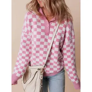 Autumn Winter New Plaid Knit Sweater Polo Collar Loose Long Sleeve Top Women Elegant Comfortable Oversized Pullover