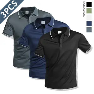 Set of 3 men's summer casual short-sleeve collared shirts made from polyester knit fabric with a regular fit that is slightly stretchy; solid color collars with button details,summervibes