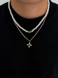 Trendy Casual Faux Pearl Starfish Elegant Rhinestone Necklace Set, Vintage Design Jewelry Gift for Men, Perfect for Daily Wear & Parties