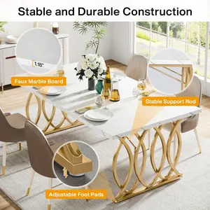 Tribesigns Modern Dining Table for 4-6 People, 63" Large Rectangular Kitchen Table with Faux Marble Tabletop and Gold Geometric Legs living room