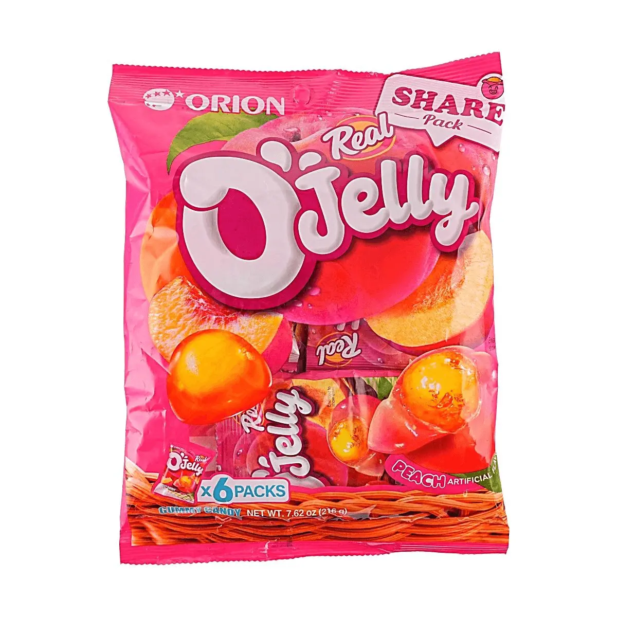 ORION Peach Juice Gummy Candy - Real Fruit Juice, Soft Chewy Snack, 6 Packs in(7.6oz)