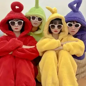 Teletubbies one-piece pajamas, Halloween Cartoon Cosplay Loose One Piece Costume Hooded Jumpsuit Soft Flannel Adult Pajama, cute cartoon Teletubbies one-piece couple pajamas, Teletubbies Cartoon Cosplay Loose One Piece Costume Hooded