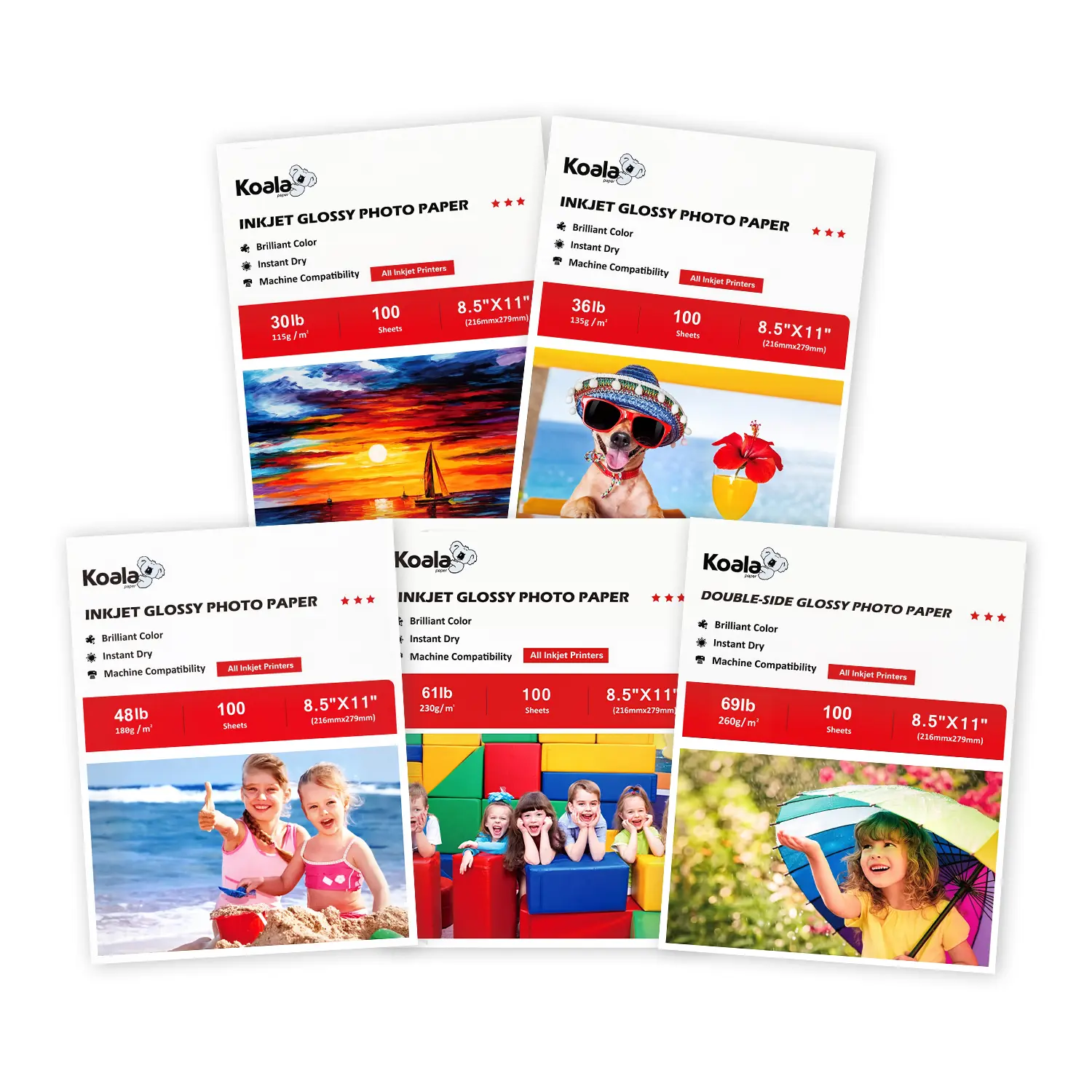 Koala Glossy Inkjet Photo Paper Variety Pack - 8.5x11 Letter Size, 115/135/180/230/260gsm, 5 Packs (500 Sheets Total), Vivid Color, Quick Dry for Inkjet Printers