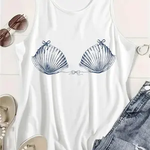 Women's Cute Beach Vibe Seashell Graphic Tank Top, Minimalist Design, Soft Breathable Fabric,summervibes