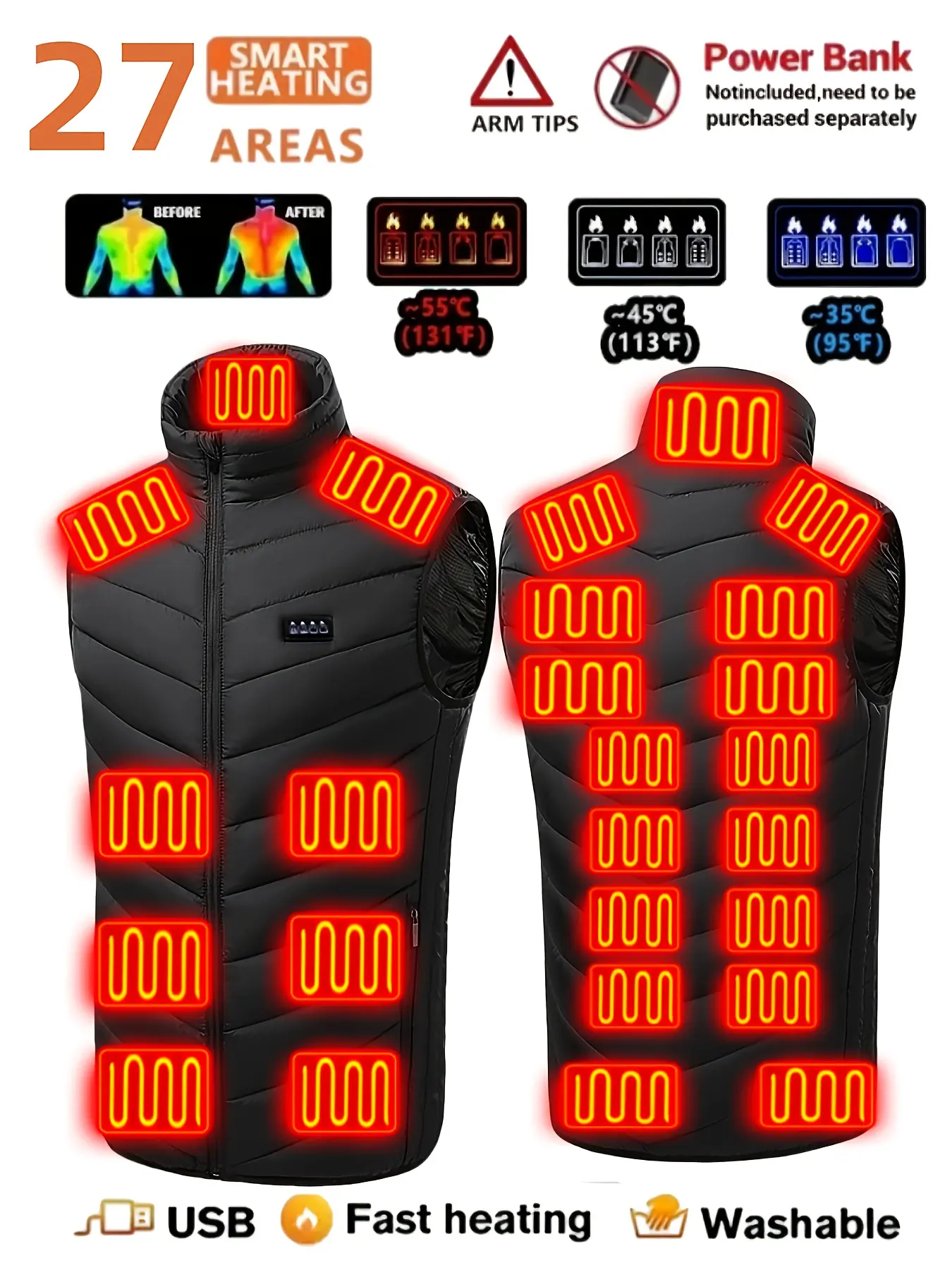 Men's smart heated fleece jacket with 27 heating zones, 3 temperature settings, lightweight sleeveless vest suitable for running, training, hiking, cycling, and everyday winter wear; battery pack not included Menswear Tops Activewear Sportswear Athletic