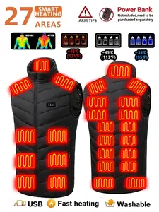 Men's smart heated fleece jacket with 27 heating zones, 3 temperature settings, lightweight sleeveless vest suitable for running, training, hiking, cycling, and everyday winter wear; battery pack not included Menswear Tops Activewear Sportswear Athletic