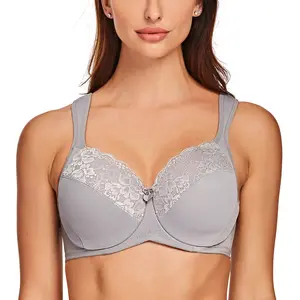 MELENECA Lady's Basic Full Coverage Underwire Minimizer Bra - Plus Size, Padded, Adjustable, Minimalist, Comfortable Cushion Straps, Lace Fabric, Anthracite, Plain, Unlined, Hand Wash Only