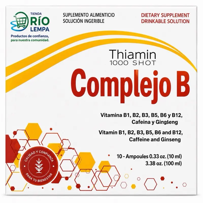 Thiamin 1000  B Complex Oral Vitamin Supplement - B1, B2, B3, B5, B6, B12, Caffeine, Ginseng - 10x10mL Vials - Natural Nutritional Support for Adult Fitness & Healthcare