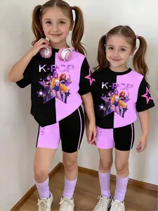 Spring Summer Fashion Kpop Anime Girl Patchwork Print Set, Girls Short Sleeve T-Shirt and Shorts 2 Piece Set, Soft Comfortable Fabric