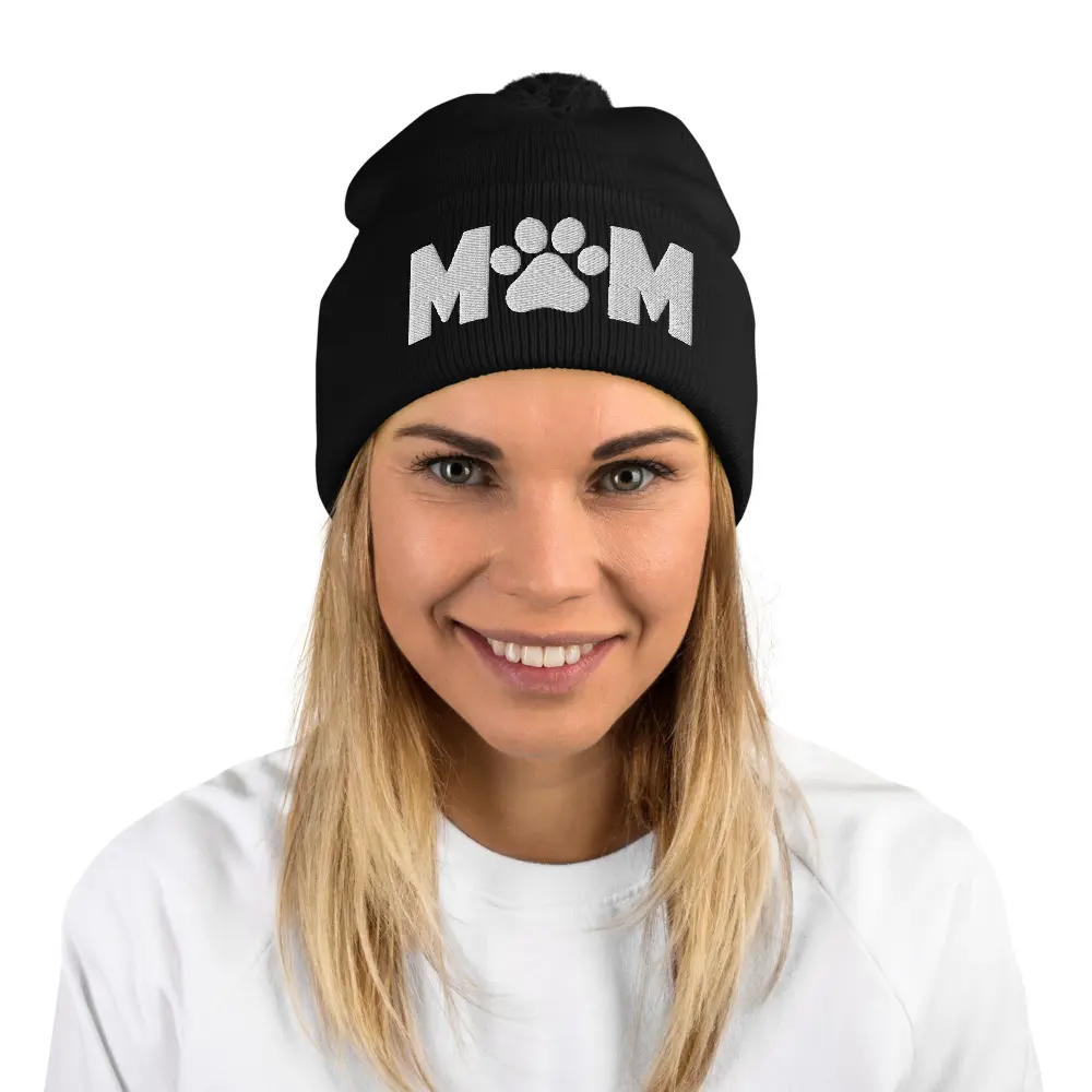 Women's Mom Paw Print Custom Embroidered Beanie, Cuffed Acrylic Knit Hat with Pom-Pom on Top, Warm Comfortable Winter Fashion Accessory, Custom Embroidered Hat, Accessories For Women, One Size