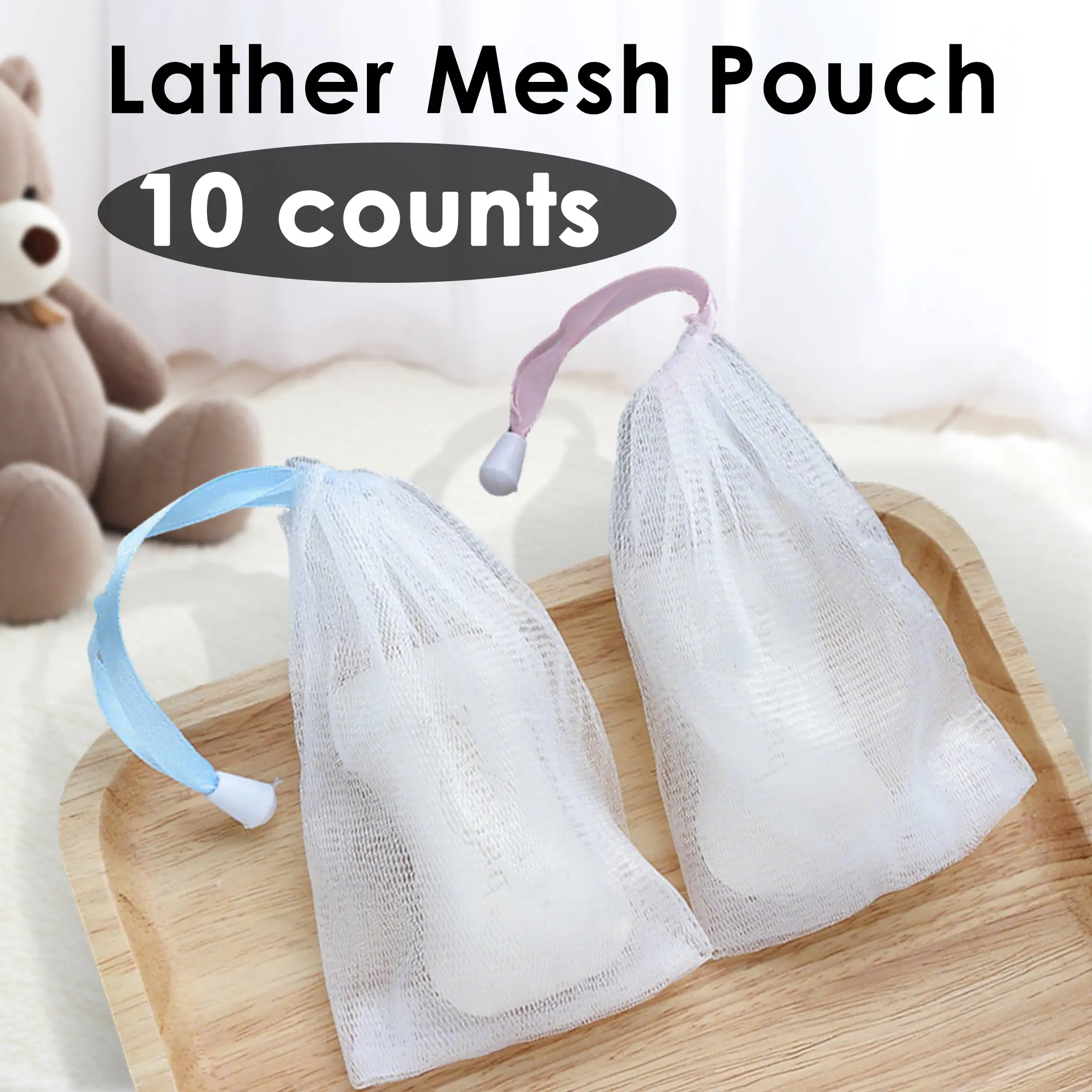 10-Count Exfoliating Bar Soap Pouch Set - Double Layer Thick Foam Net, Bubble Mesh Hold, Personal Bathroom Cleaning Accessories, Handmade Soap Safe Drawstring Saver Sack for Bath & Shower (Random Color)