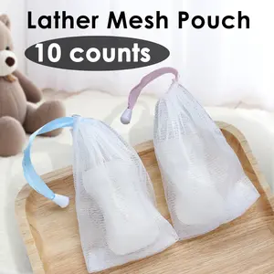 10 Counts Exfoliating Bar Soap Pouch, Double Layer Thicken Foam Net, Bubble Mesh Bags, Soap Saver Sack, Drawstring Holder Bags for Bath & Shower, Random Color