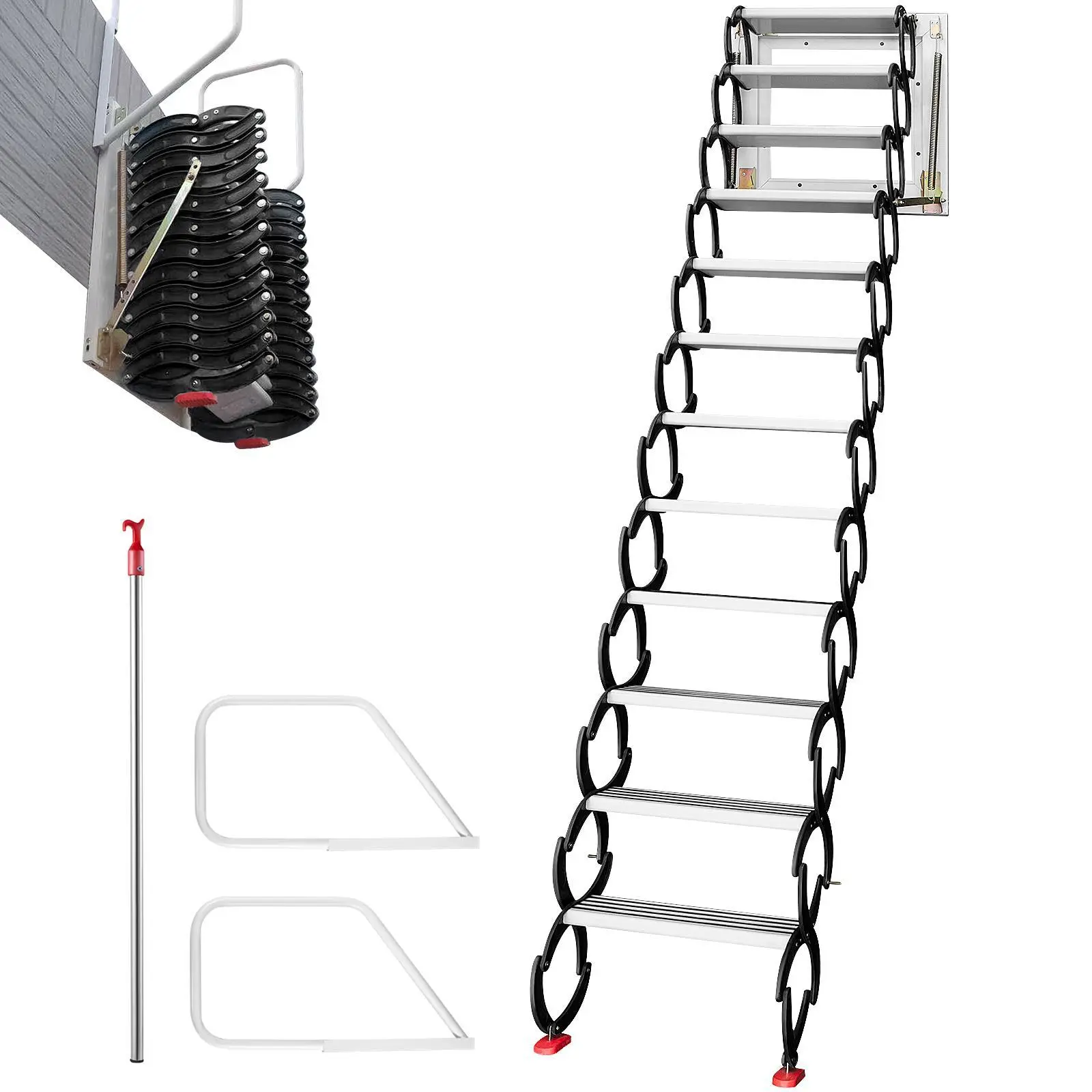 【SummerFinds】VEVOR Attic Steps Pull Down 12 Steps Attic Stairs Alloy Attic Access Ladder,  , Black Pulldown Attic Stairs, Wall-mounted Folding Stairs for Attic, Retractable Attic Ladder with Armrests, 9.8 feet Height