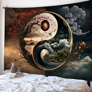 A traditional Yin and Yang Tai Chi Tapestry - Chinese wall decoration with a fantasy theme - polyurethane fabric mural, suitable for home, office decorative tapestry, Tapestry Wall Hanging, Tapestry Room Decor