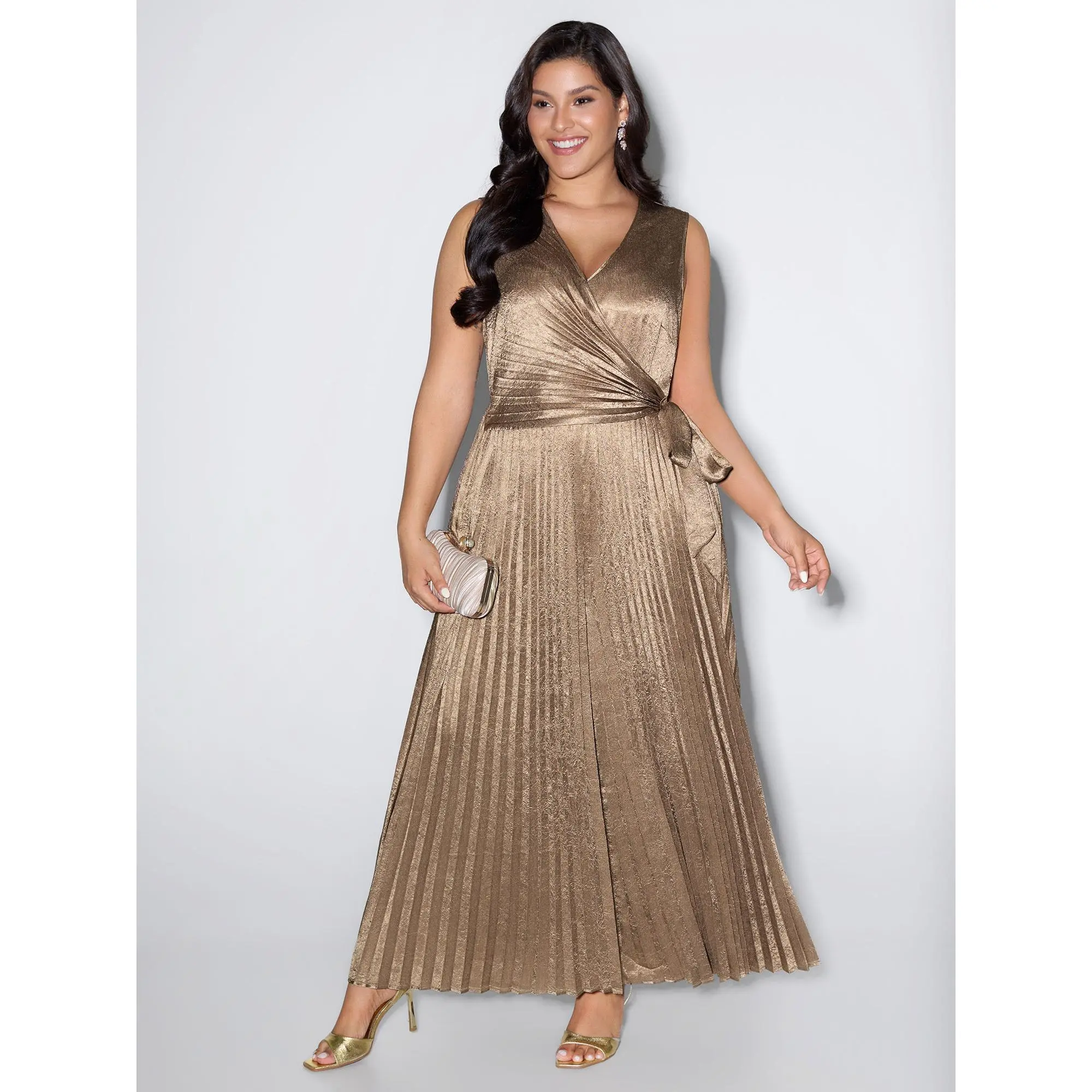 BloomChic Jumpsuit for Plus Size Women, Formal Solid Pleated Wrap Style, Smooth Basic Business Attire with Pockets, Lady, Fabric, Fit, Sleeveless, Low Iron, Wrap Overlap, Wrap Front, Polyester