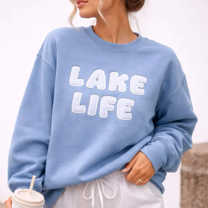 Lake Life embroidered crewneck, bubble letter trendy retro lake life sweatshirt for boating