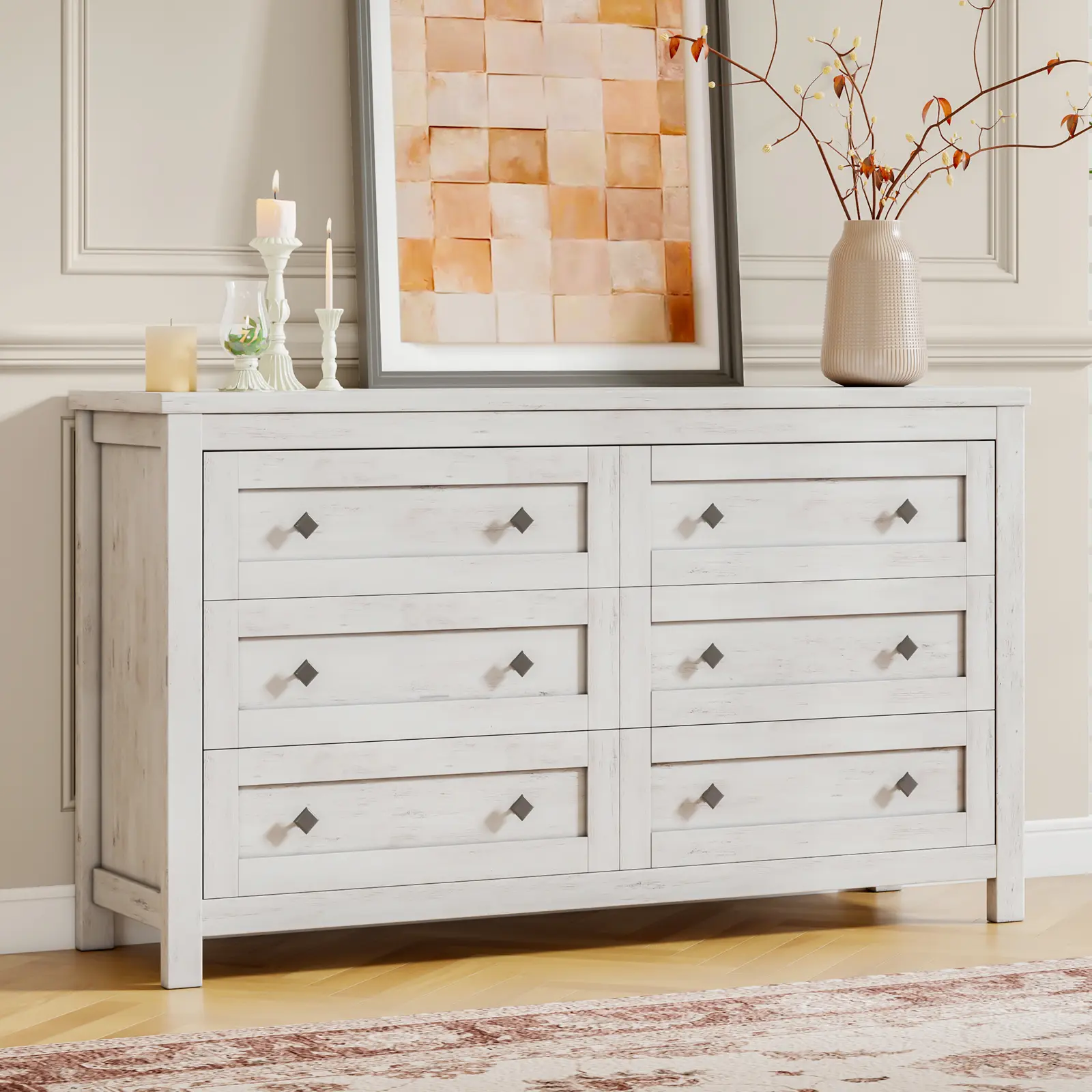 AMERLIFE Farmhouse 6 Drawers Dresser, Wood Rustic Chest of Drawers for Bedroom, Closet Storage Dressers Organizer, 6 Drawers Chest for Living Room