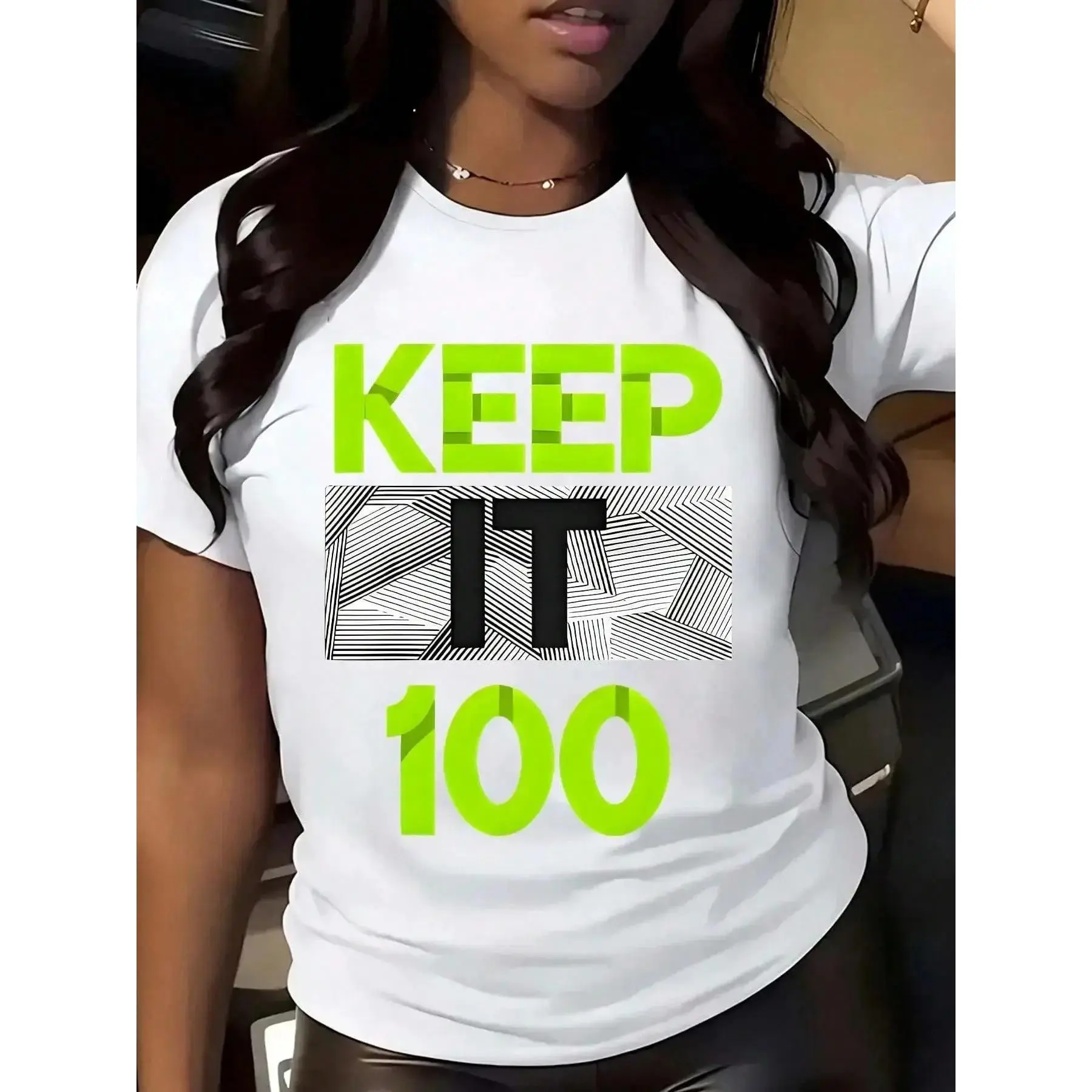 Women's 'Keep It 100' Graphic T-Shirt - Soft Cotton Short-Sleeve Sports Top, Relaxed Unisex Fit, Bold Neon Text, Digital Printing, Twill, Sporty Chic, Fading-Free, Size M, Casual Wear