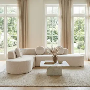 122-inch oversized corner sofa with three round cushions, soft fabric upholstery, elegant curved design, high-resilience foam for a comfortable experience. Reading Chair Ottoman Convertible Velvet Bed Pillow Pink U-Shaped Sectional Brown Faux Leather