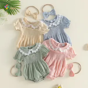 Newborn Baby Girl Romper Smocked Bubble Bodysuit Cute  Jumpsuit Cotton Linen Clothes Outfit