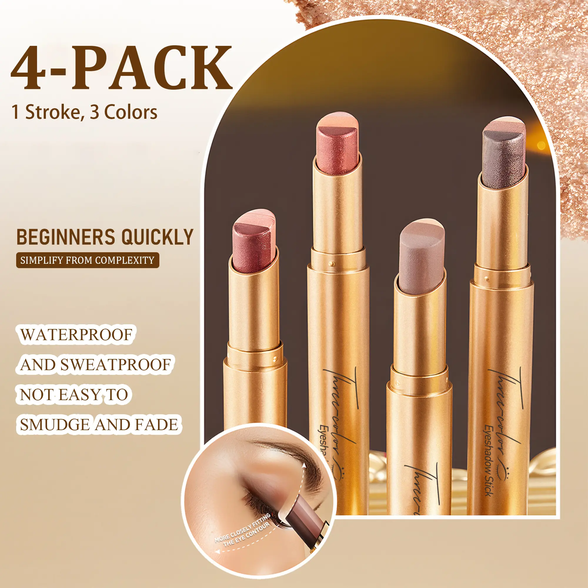 Buy 1 Get 3 Free – 3-in-1 Color Eyeshadow Stick Set (4 Colors Total), Beginner-Friendly One-Swipe Application, Waterproof & Smudge-Proof Long-Lasting, Creamy Fine Shimmer Formula for Day & Night Looks, Portable & Easy to Blend