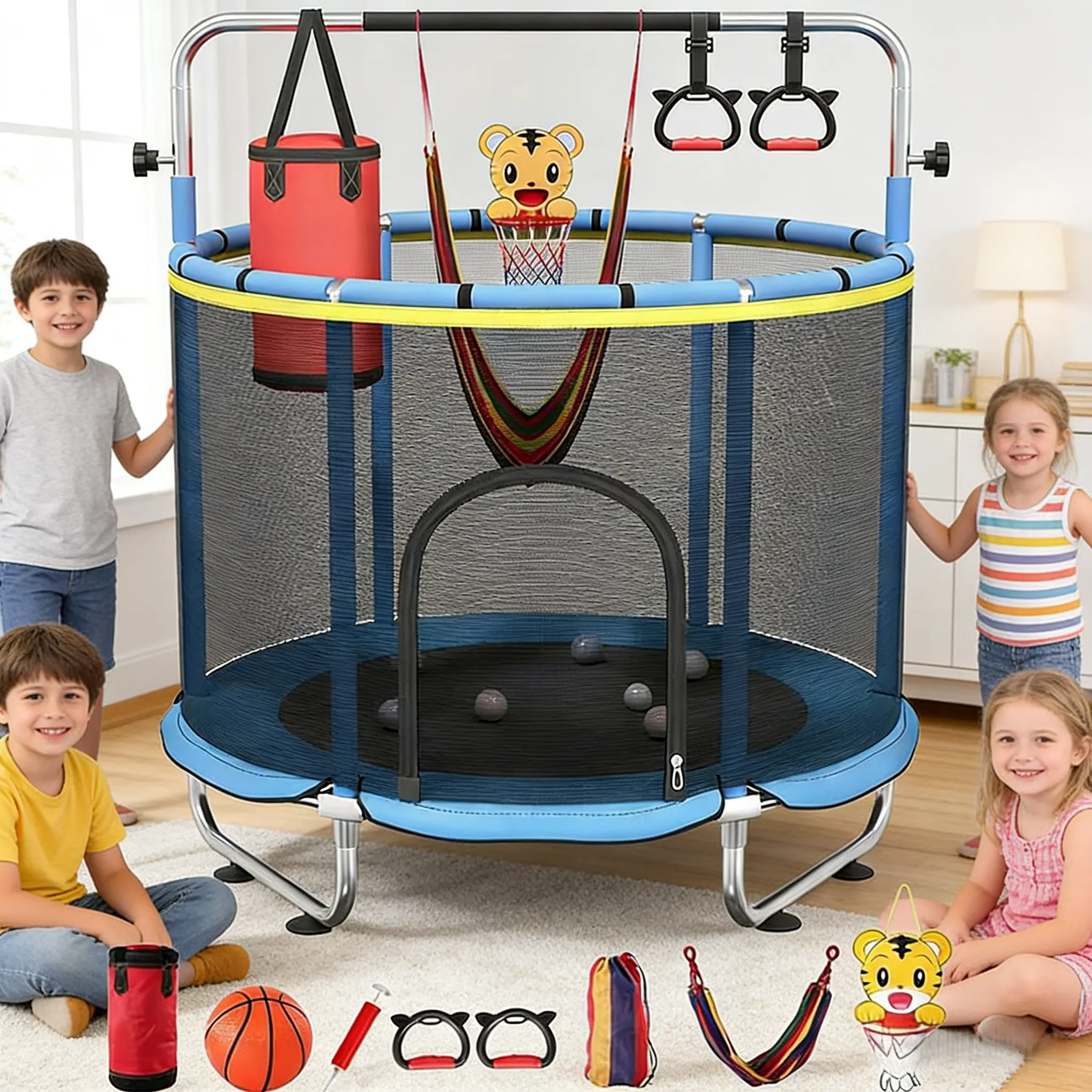 60 Inches Outdoor Fitness Trampoline for Kids, Indoor & Outdoor Sports Playset with Basketball Hoop, Hexagonal Design, 500lbs Capacity, Safety Net, Girl
