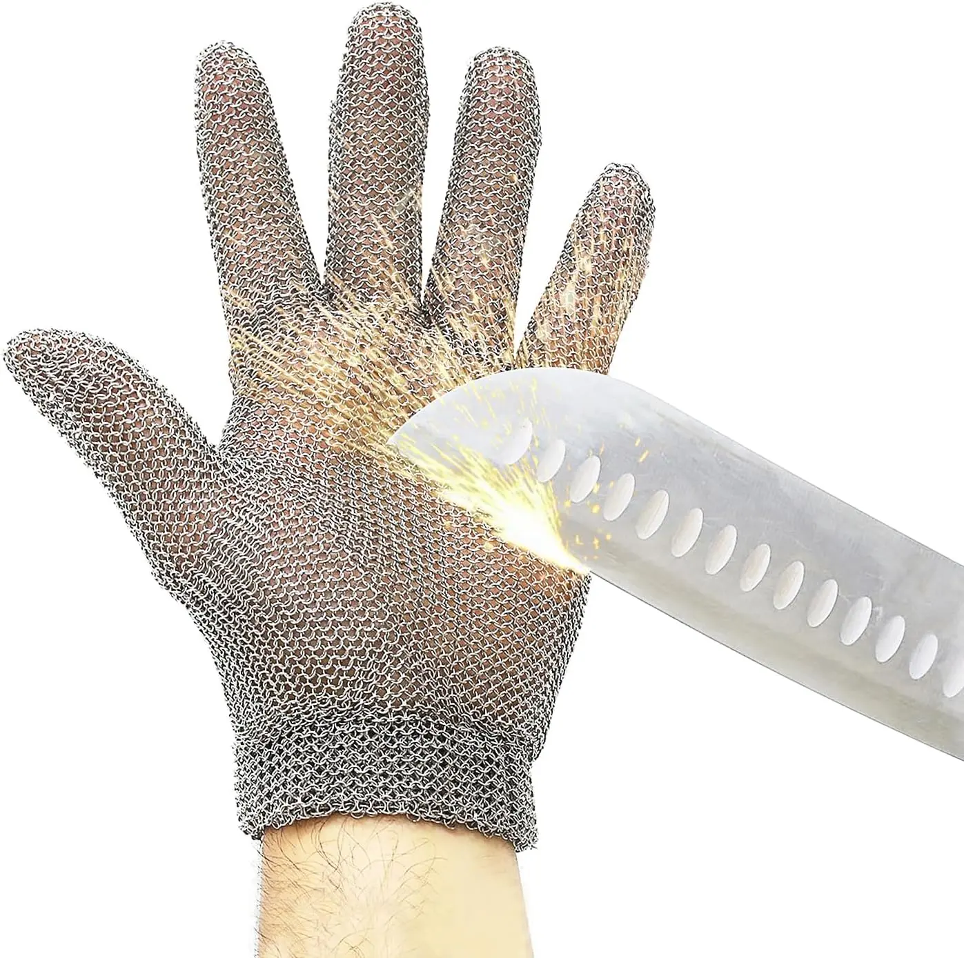 【For butcher, seafood processing, meat cutting】RETON-PPE Food Grade Stainless Steel Safety Chain Cutting Gloves with 3.81mm Rings, Upgrade Elastic Wristband, 5-Finger Reversible Ambidextrous Work Gloves for Meat Cutting, Butchering, Cutting Glove