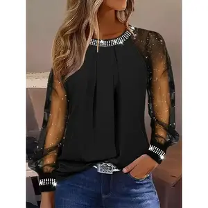 Women's Rhinestone Mesh Sleeve Top, Casual Fitted Blouse with Sparkling Details, Stylish Fashion Tee Fabric Light